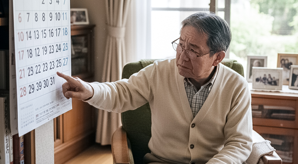 物忘れの初期症状で悩む高齢者のイラスト